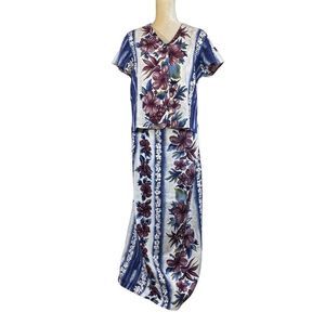 Hilo Hattie's Red White Blue 2pc Rayon Cotton Floral Skirt and Blouse Set